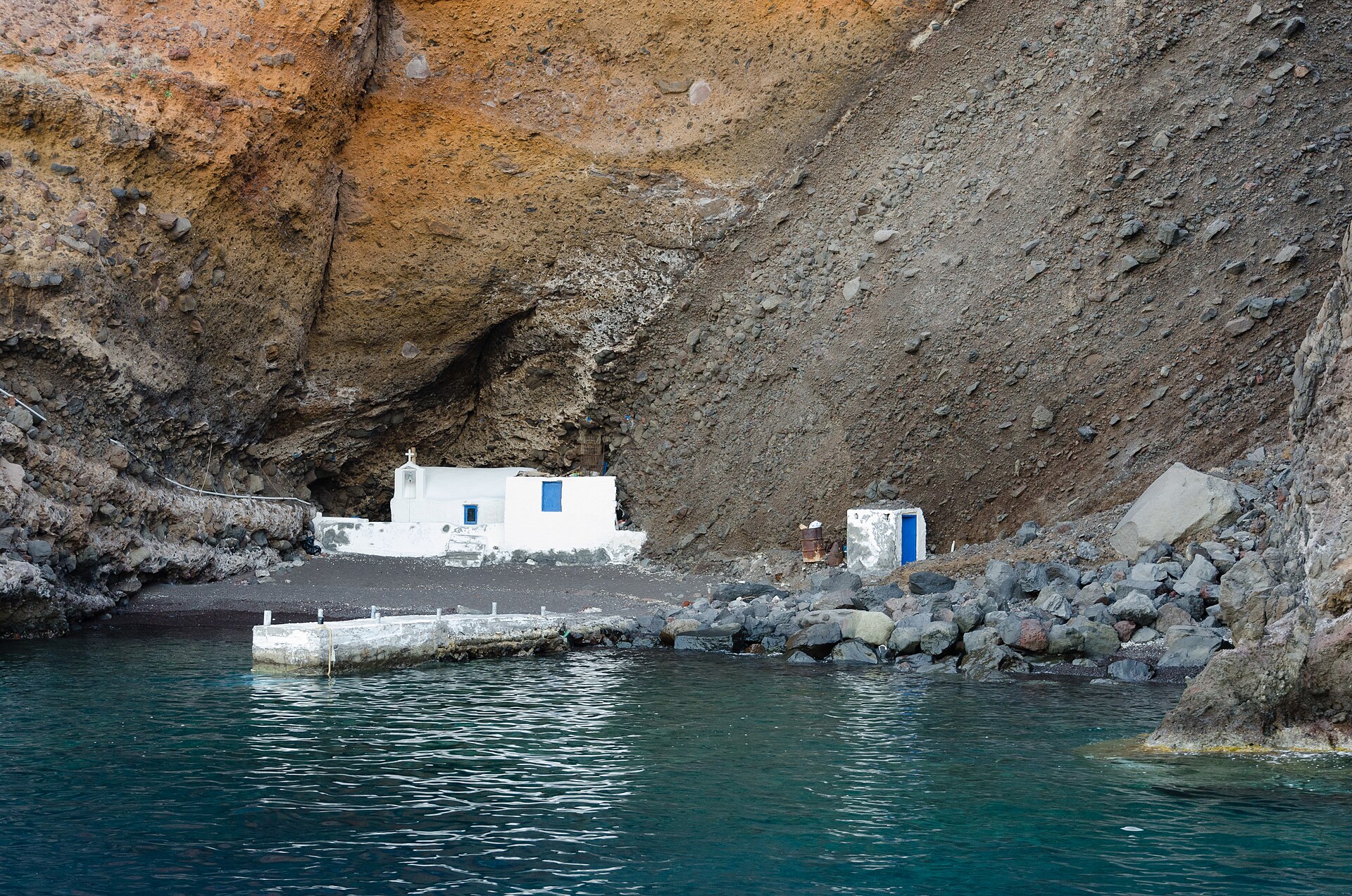 A chapel on the rim of the Santorini caldera, above the sea