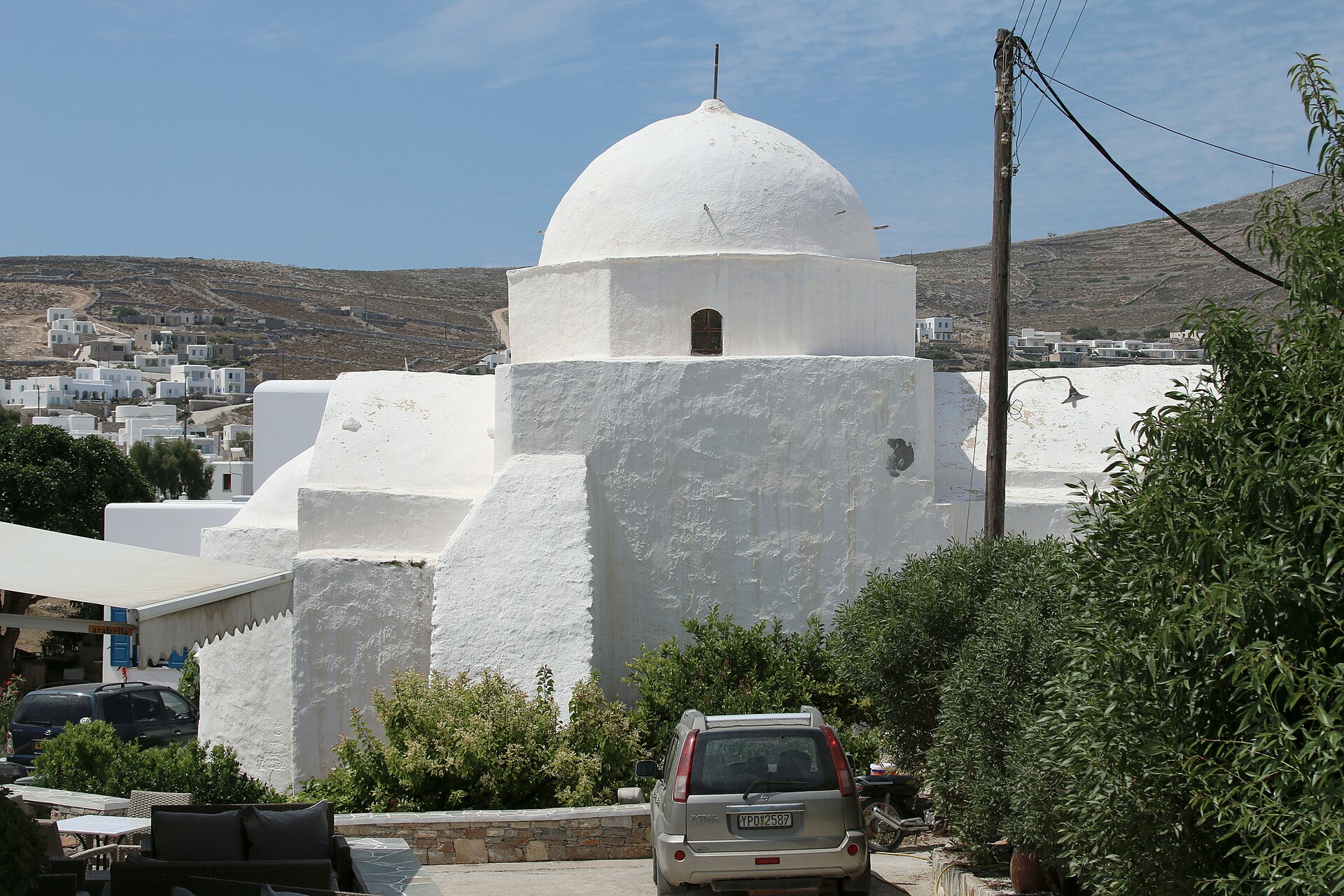 A church above the cliff-top village of Chora on Folegandros