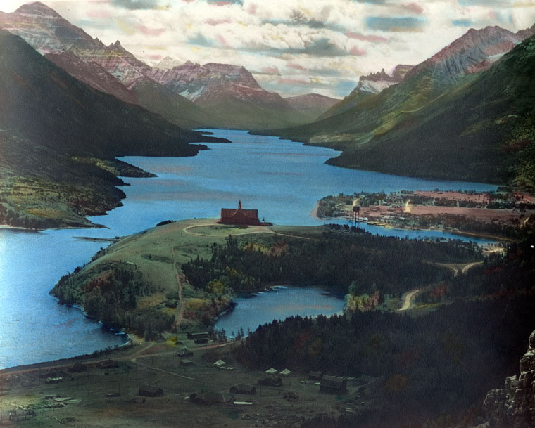Waterton Lakes in Alberta, with the Prince of Wales Hotel above the water
